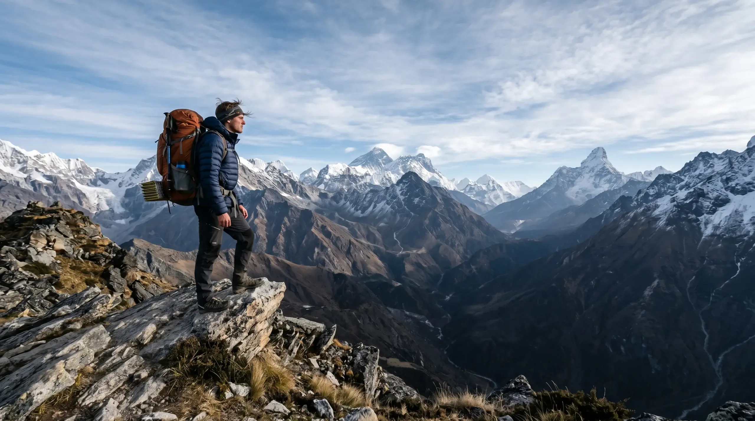 Hiker standing on a Himalayan mountain summit overlooking snow-capped Mount Everest, enjoying active outdoor adventure with good physical endurance and wellness