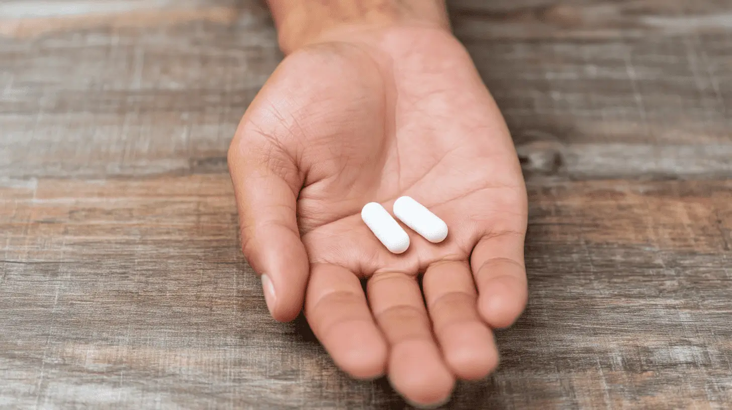 A person's hand holding two white supplement capsules, showing the standard daily dose of dietary supplement for health and wellness