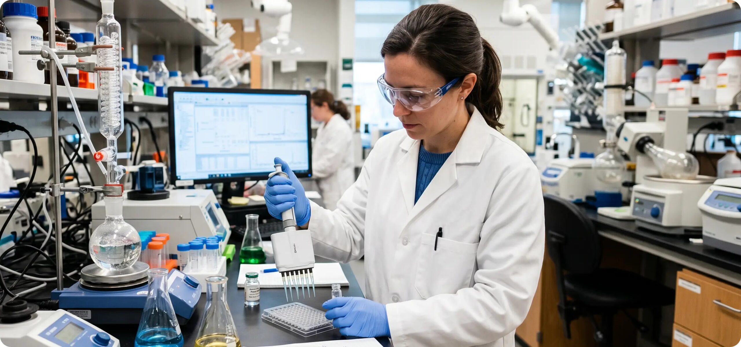 Female research scientist conducting dietary supplement research in a modern pharmaceutical lab, testing supplement ingredients with multi-channel pipette for product development SEO Title