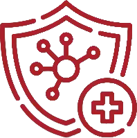 Red medical shield line icon with virus cell and cross symbol representing immune system defense