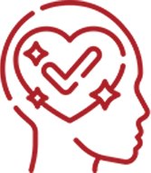 Red line icon of a human brain with leaves representing mental care and cognitive health support