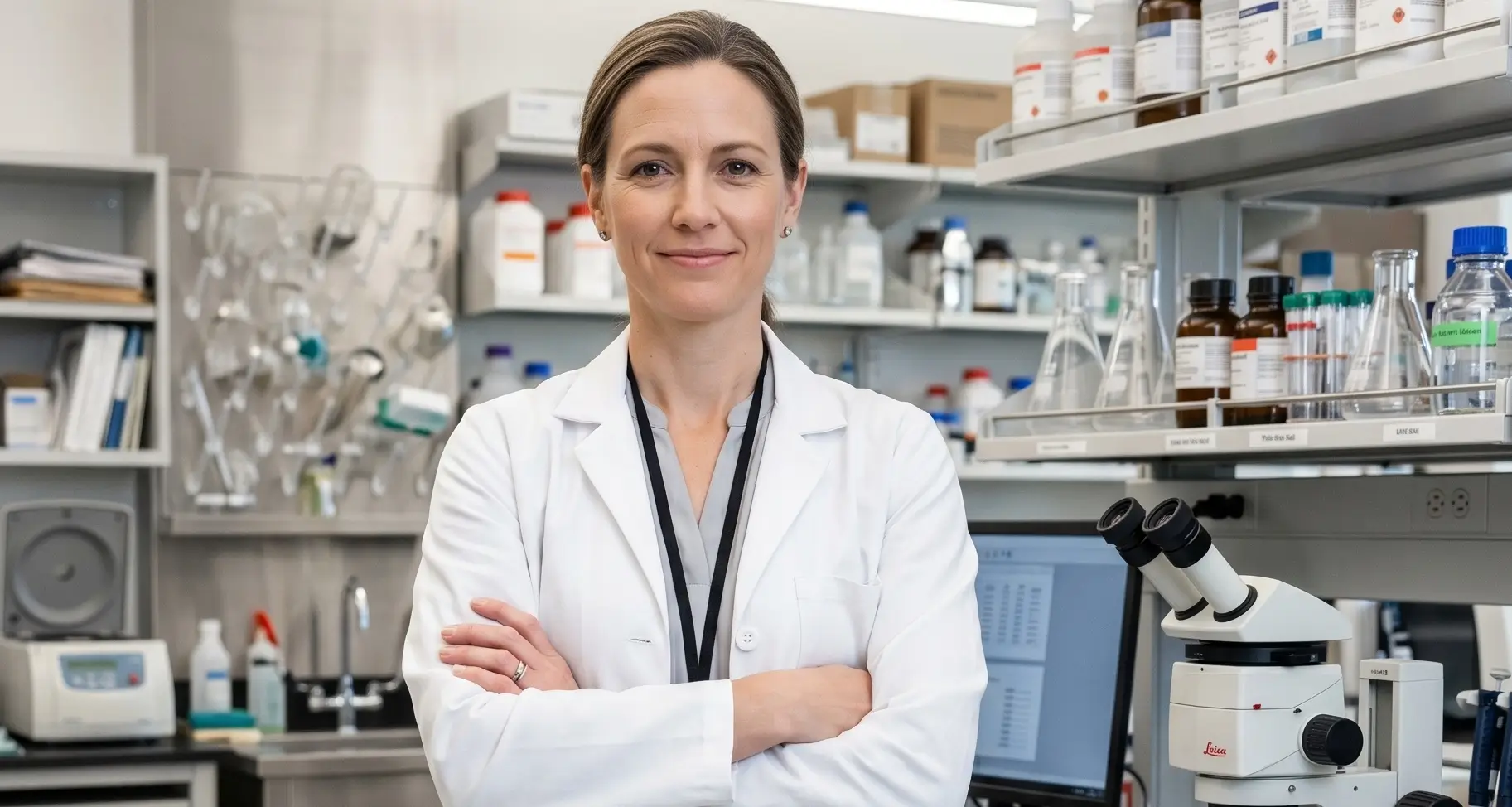 confident female scientist in laboratory with microscope representing scientific research supplement quality and clinical testing