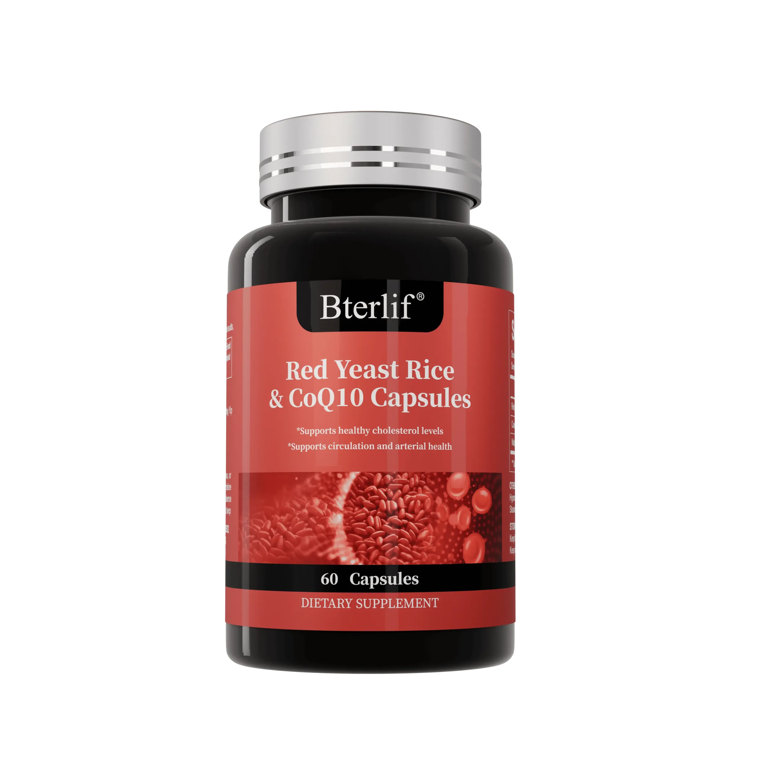 Bterlif dietary supplement bottle of Red Yeast Rice and Coenzyme Q10 Capsules, 60 count, formulated to support healthy cholesterol levels, circulation and arterial heart health