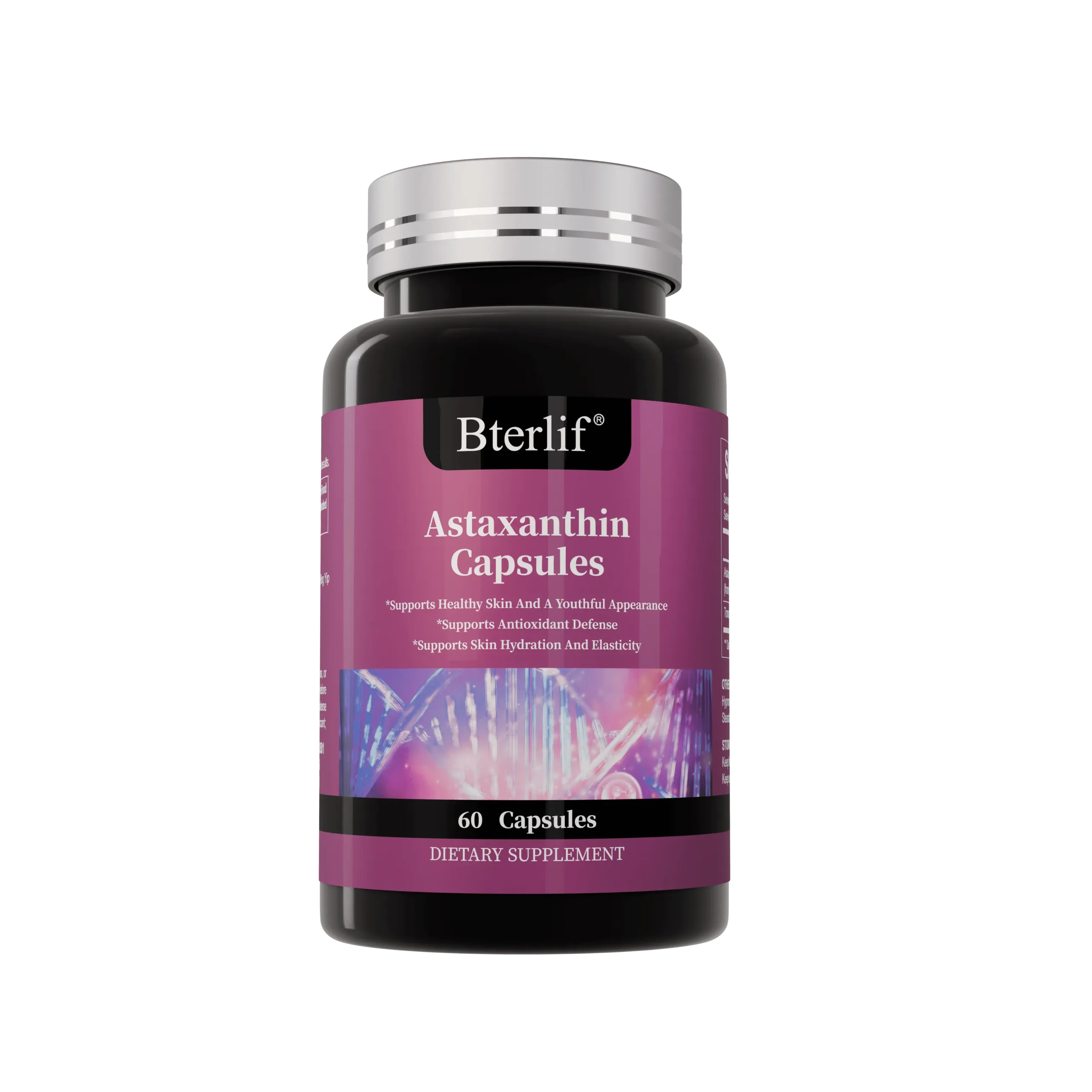 Front label of Bterlif Astaxanthin dietary supplement bottle, 60 capsules, supports healthy skin hydration, elasticity, antioxidant defense and youthful appearance