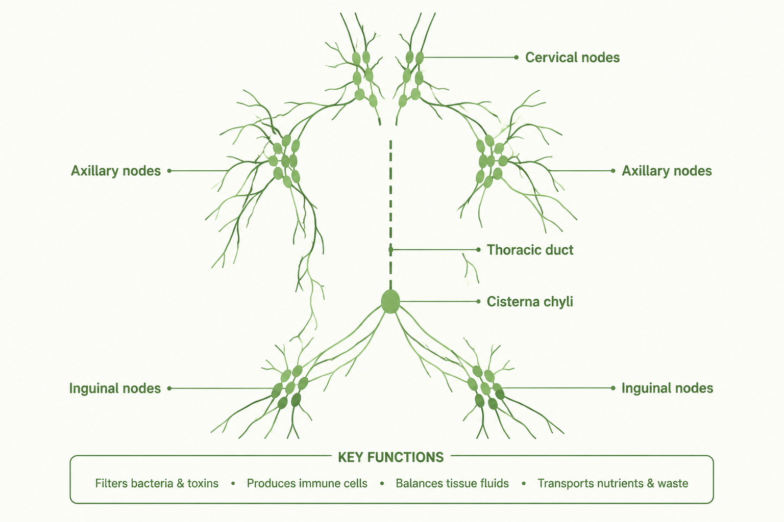 Medical diagram of the human lymphatic system showing major lymph node clusters and drainage pathways