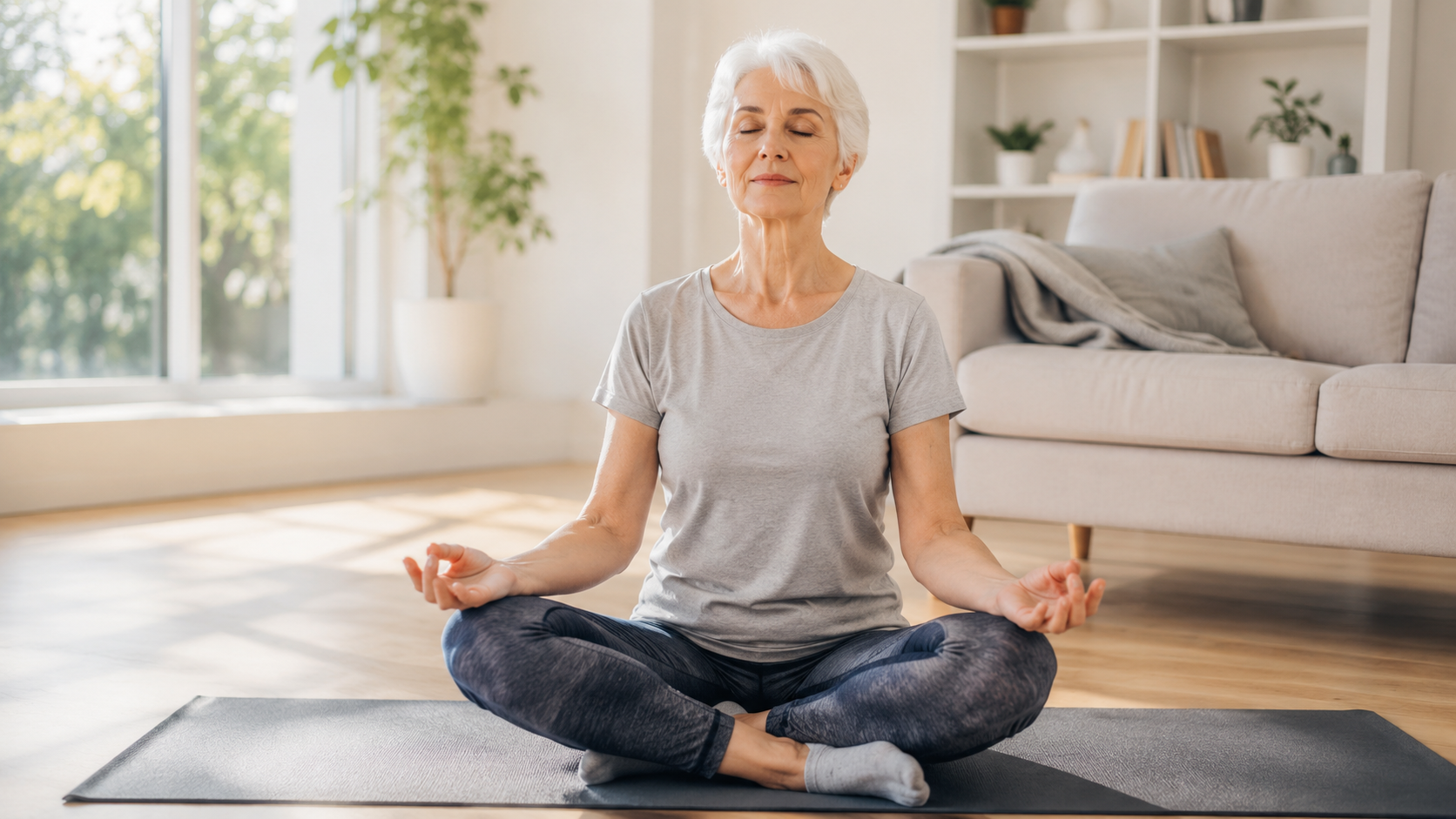 Senior woman meditating for overall wellness and healthy lymphatic function