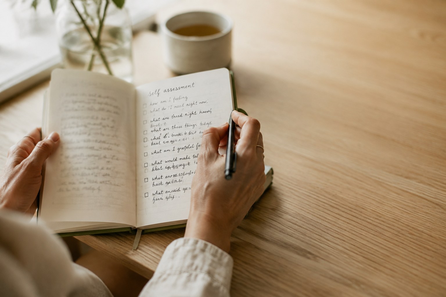 Handwritten journal and herbal tea for tracking lymphatic health indicators