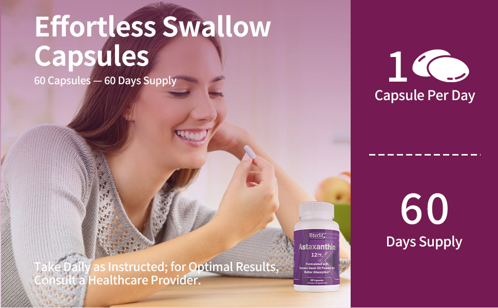 Astaxanthin easy to swallow capsules 1 per day 60 days supply