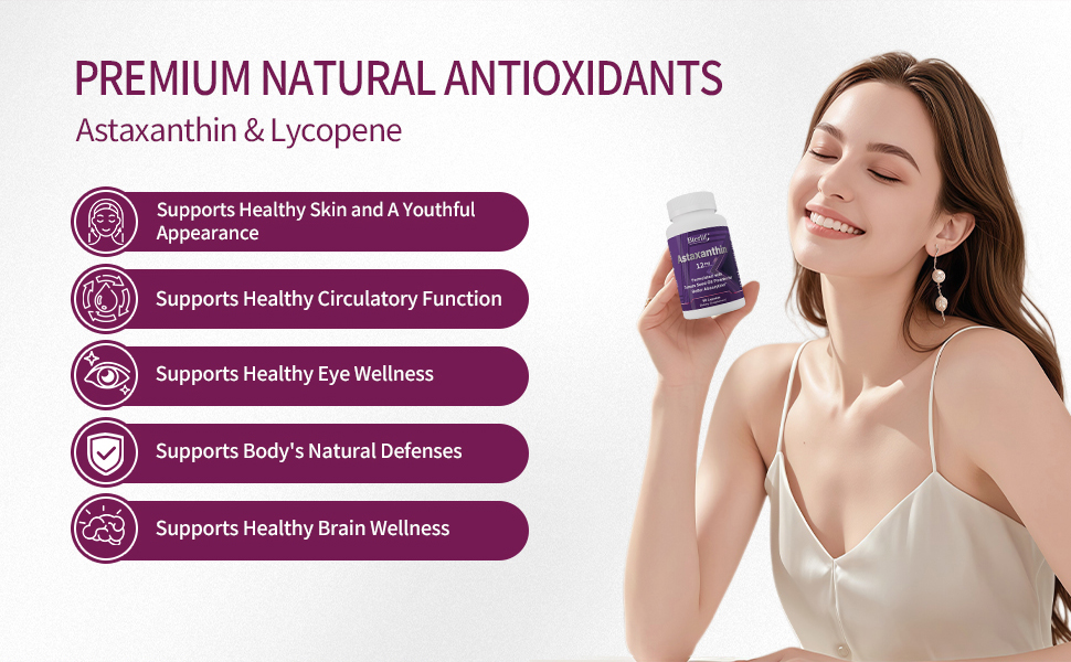 Astaxanthin and Lycopene premium natural antioxidants skin eye and brain benefits