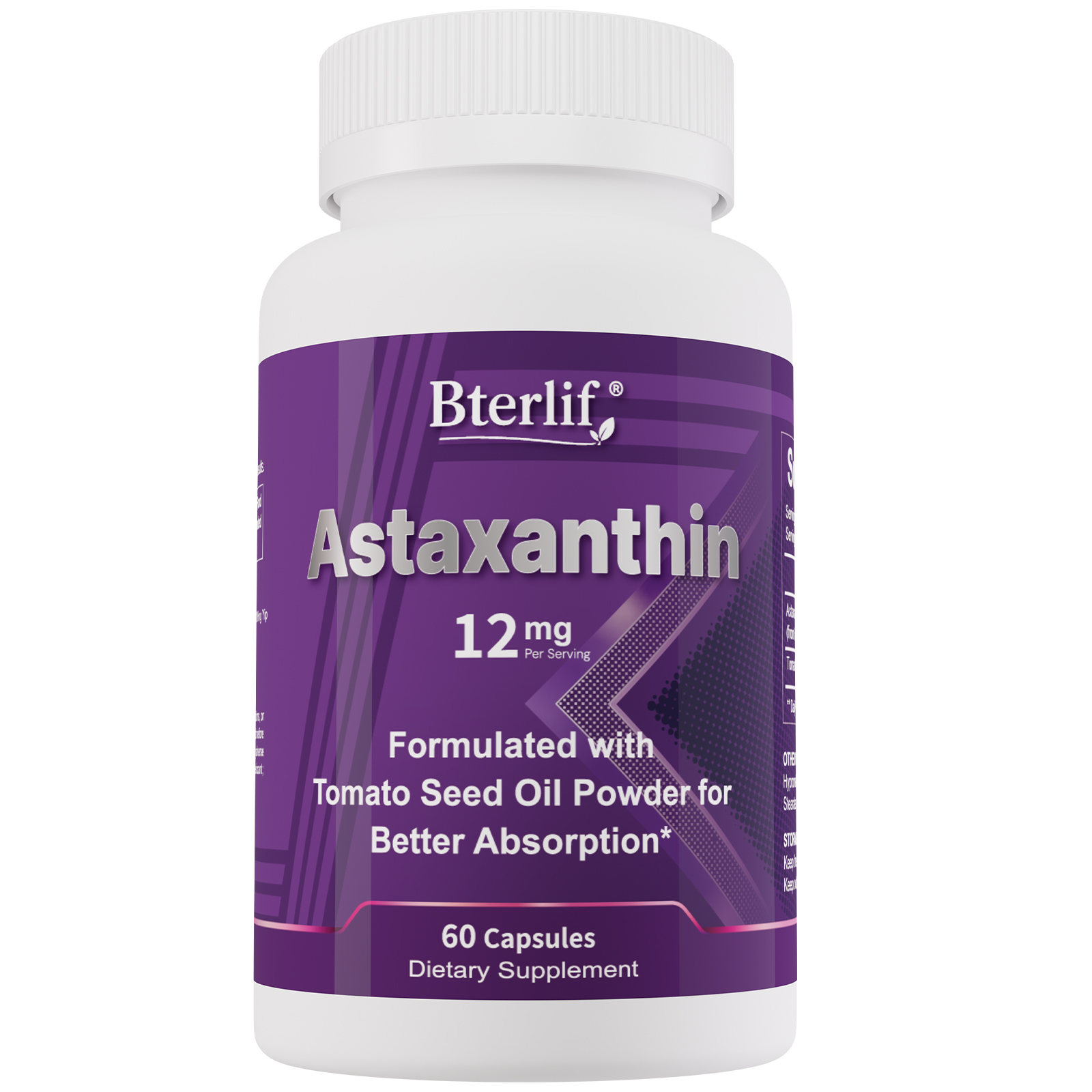 Bterlif Astaxanthin 12mg supplement bottle front view white background