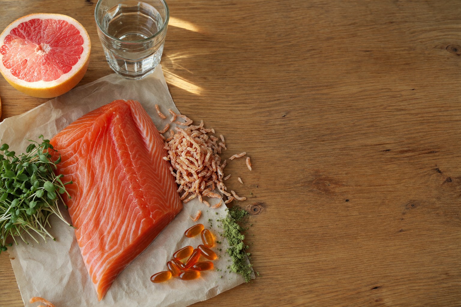 Salmon, krill, and astaxanthin capsules showing natural food sources