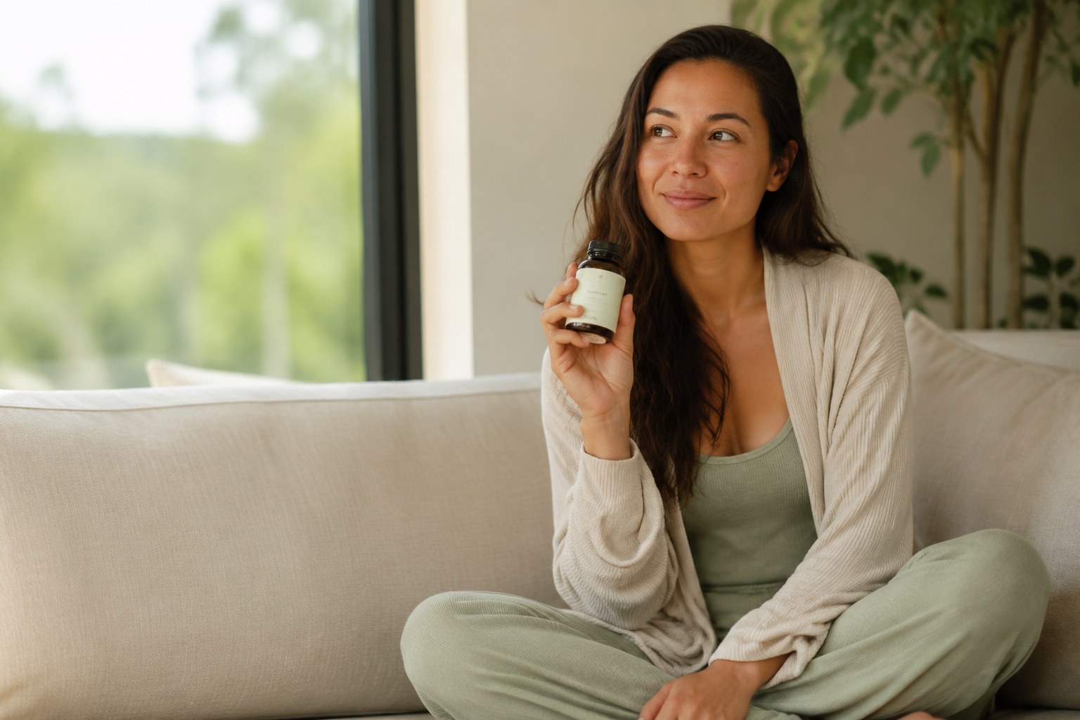 Woman with healthy glowing skin holding a supplement in morning light