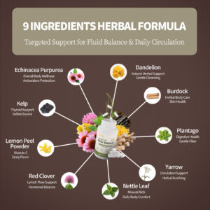 9 ingredients herbal formula Echinacea Dandelion Burdock Plantago Yarrow Nettle Red Clover Lemon Peel Kelp