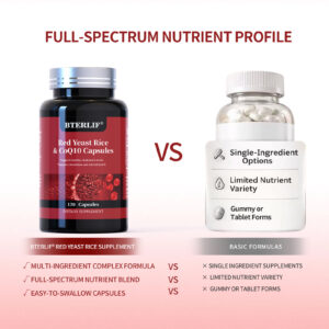 Red Yeast Rice CoQ10 capsules natural ingredients close up
