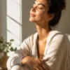 Woman with luminous glowing healthy skin sitting in soft morning sunlight — natural wellness and skin health lifestyle