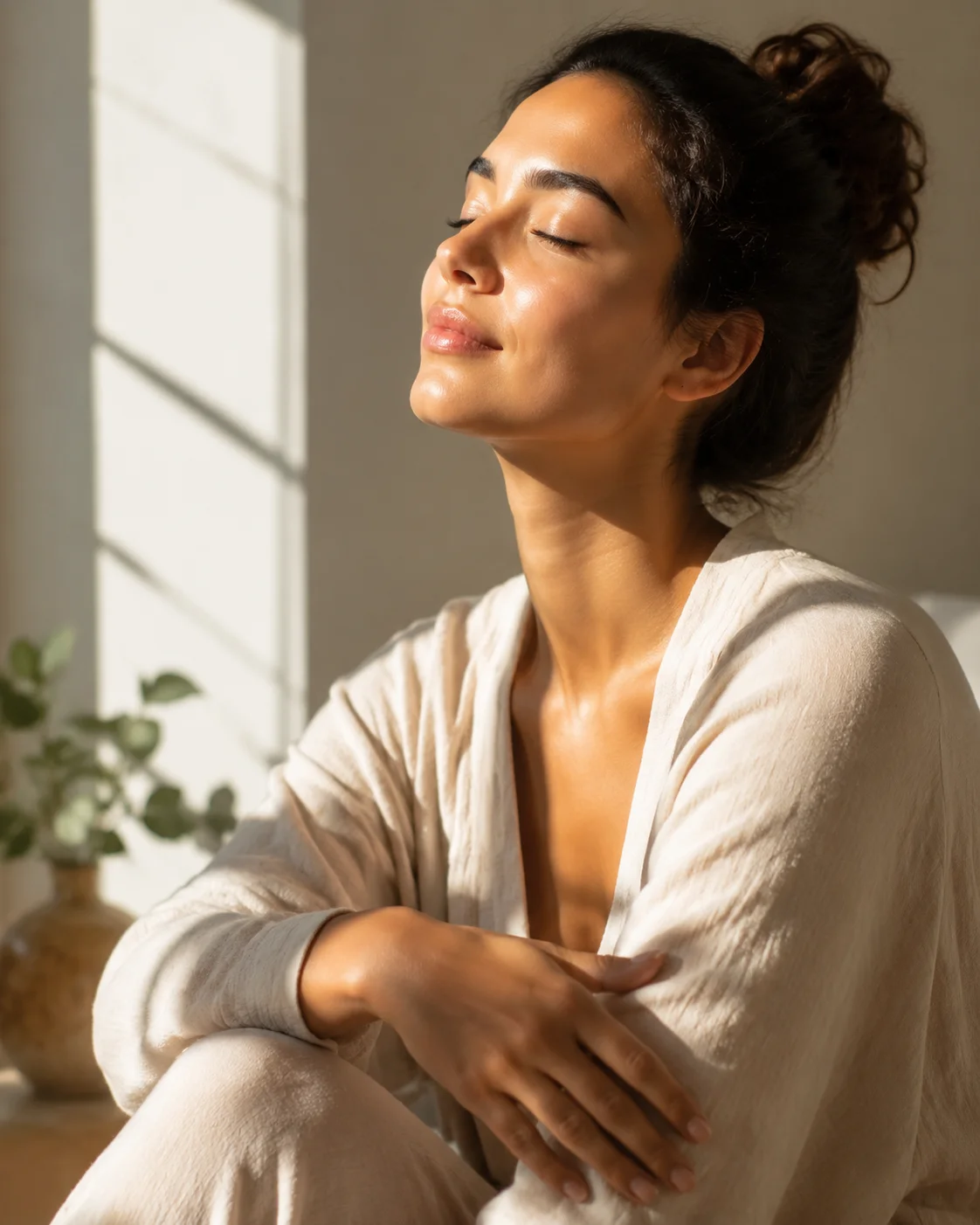 Woman with luminous glowing healthy skin sitting in soft morning sunlight — natural wellness and skin health lifestyle