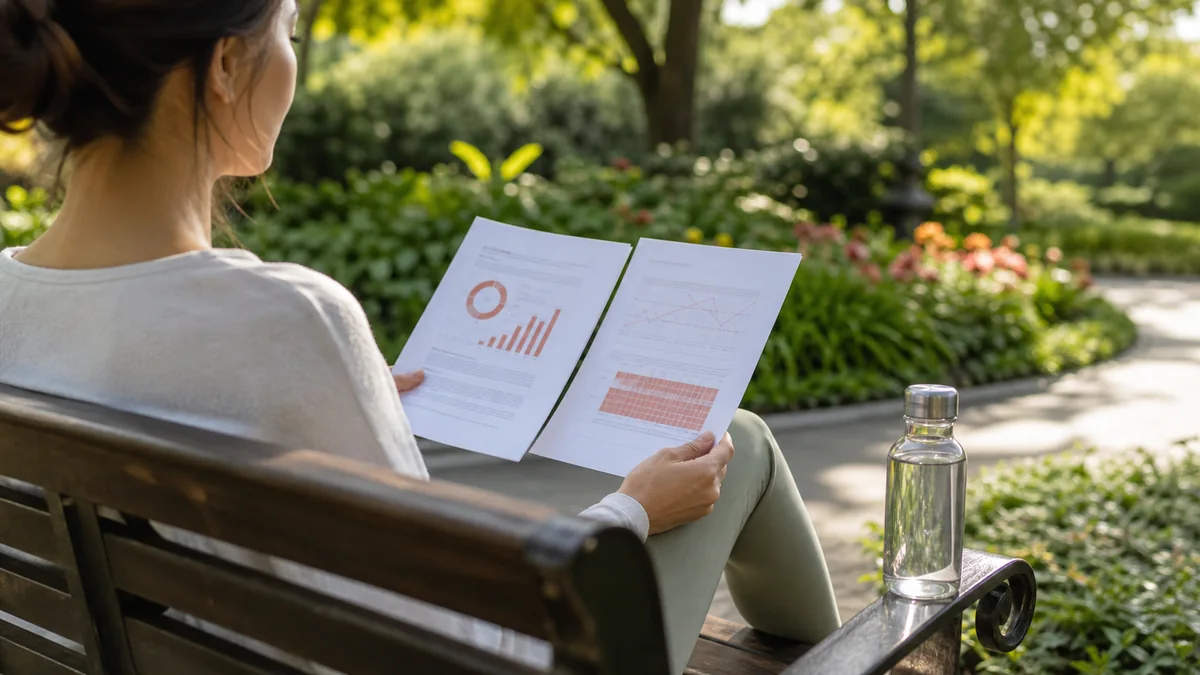 Person reading human study data outdoors for an astaxanthin and skin health research article