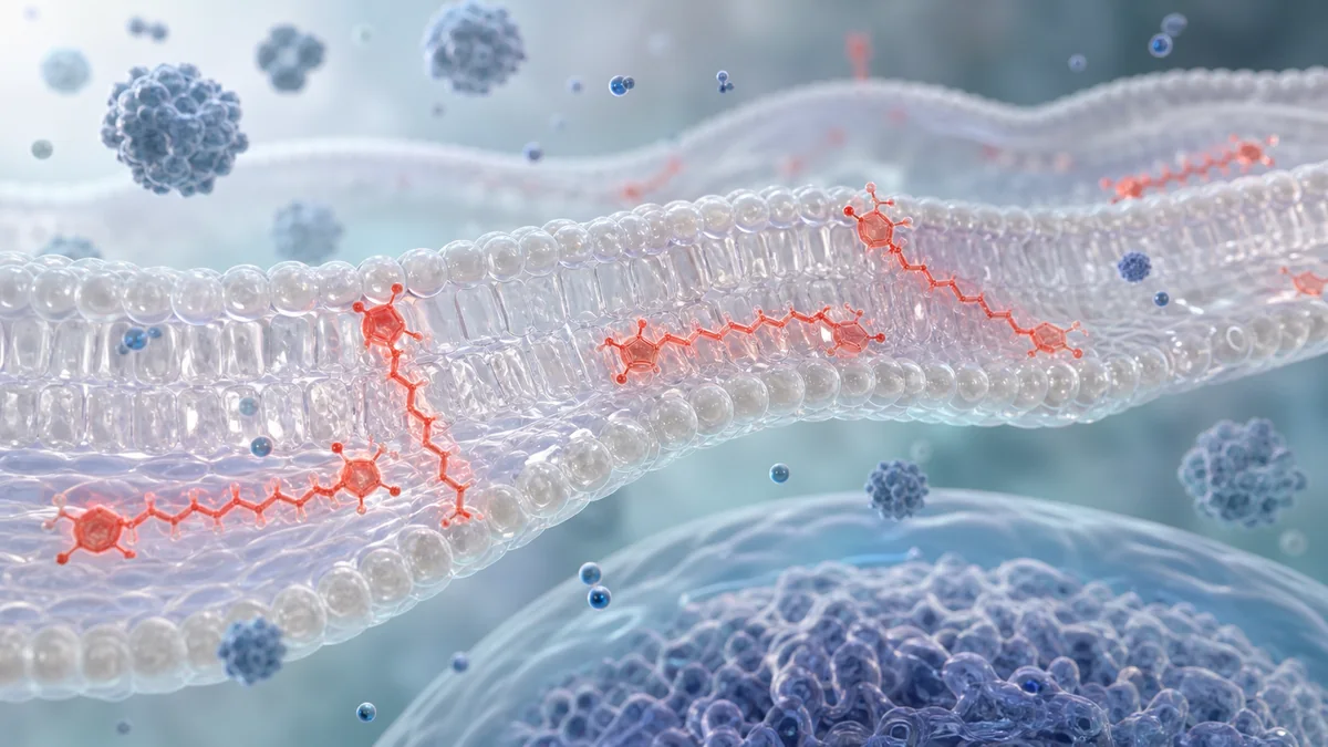Conceptual illustration of astaxanthin molecules within a cell membrane