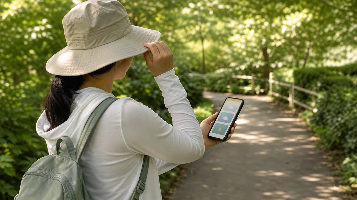 Person preparing for an outdoor walk with sun-aware habits in a shaded park setting