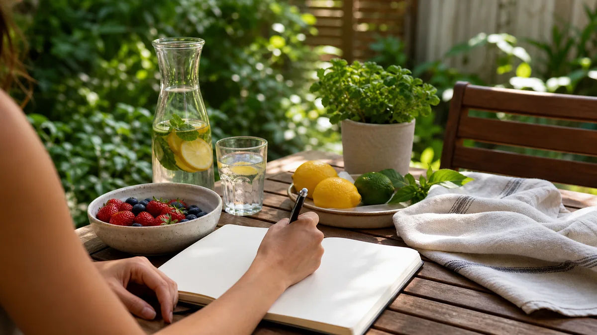 Outdoor wellness journaling scene with fruit and water for supplement safety considerations
