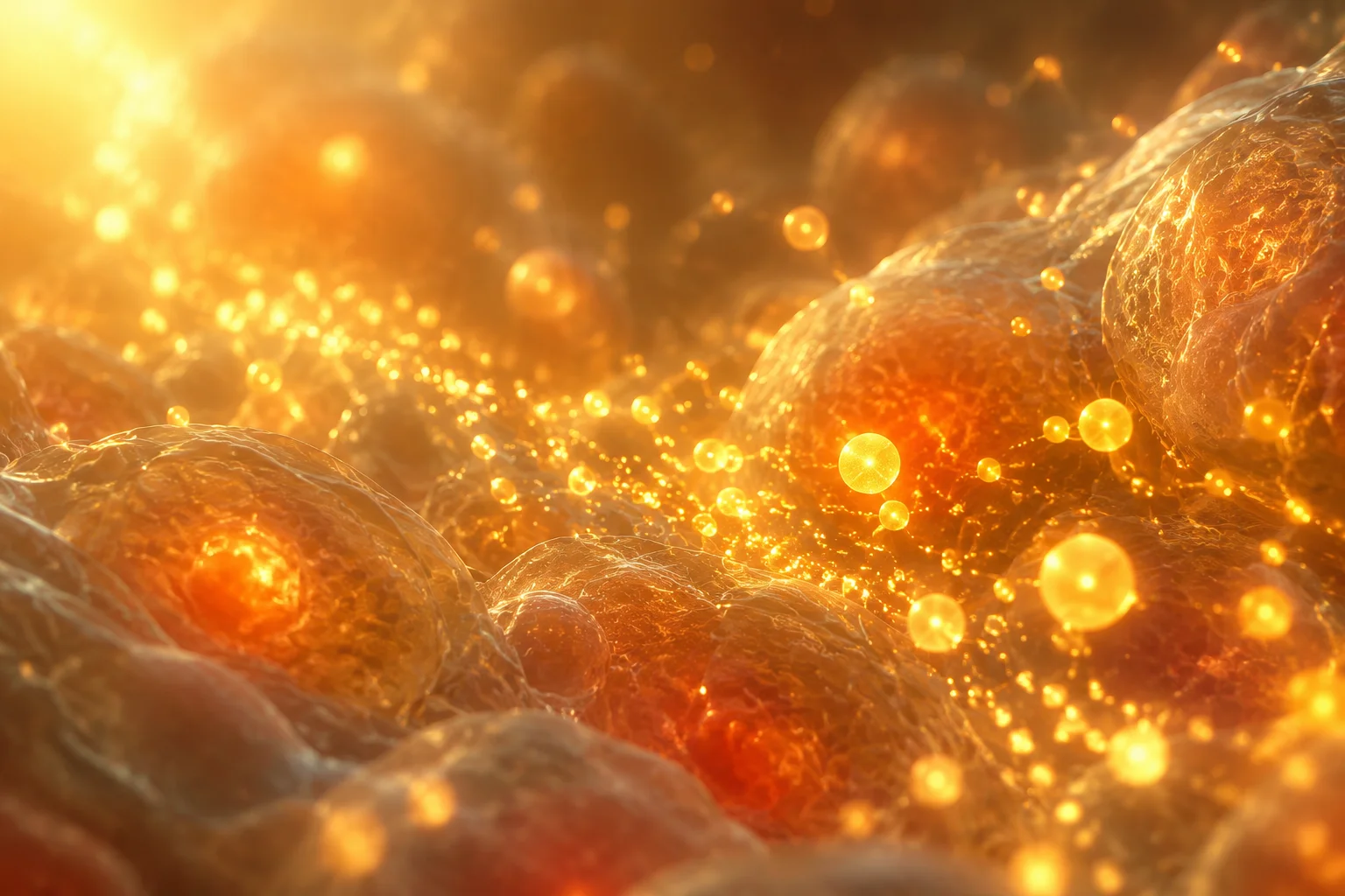 Abstract golden light particles representing cellular energy and antioxidant activity during recovery
