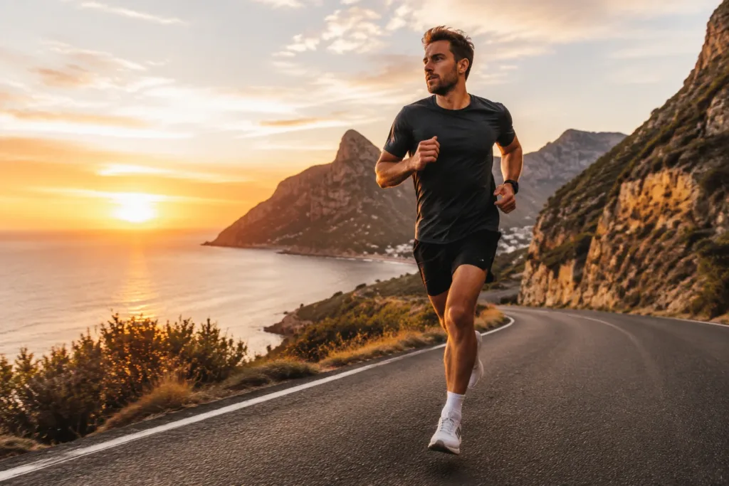 Runner training on a scenic coastal road at golden hour — endurance exercise and fitness concept
