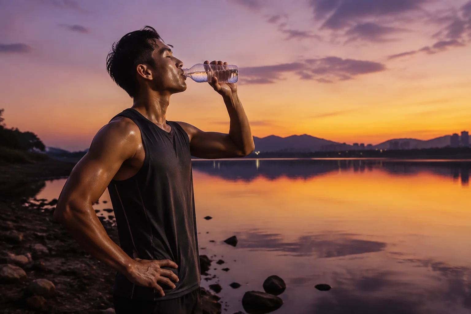 Runner drinking water beside a lake at dusk — hydration and recovery after training