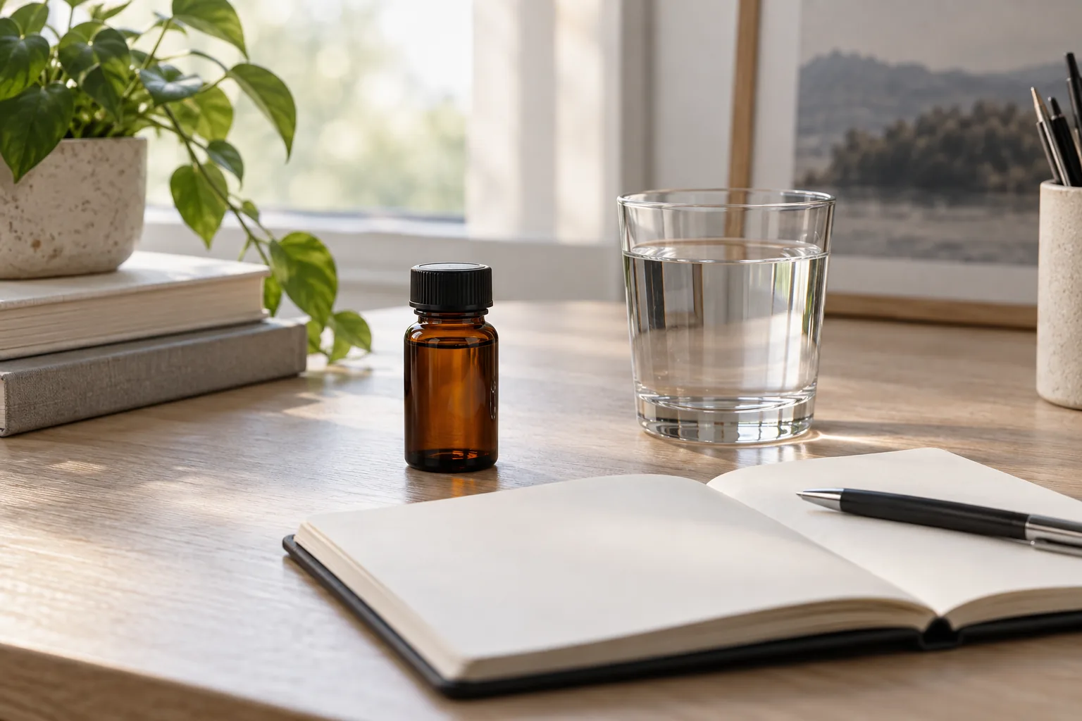 Closed unbranded amber glass vial beside a blank notebook and a glass of water
