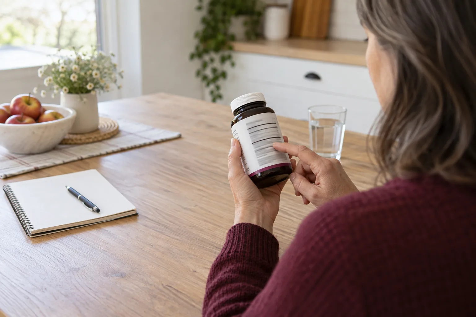 An adult carefully reading the back label of a generic supplement bottle at home