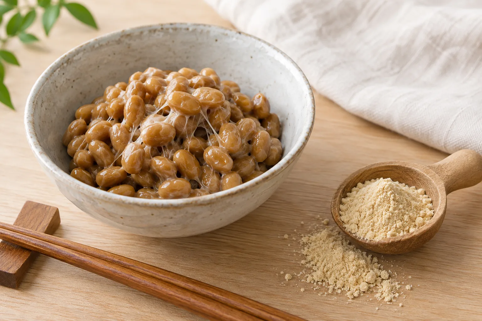 Traditional natto fermented soybeans shown separately from a small scoop of pale powder