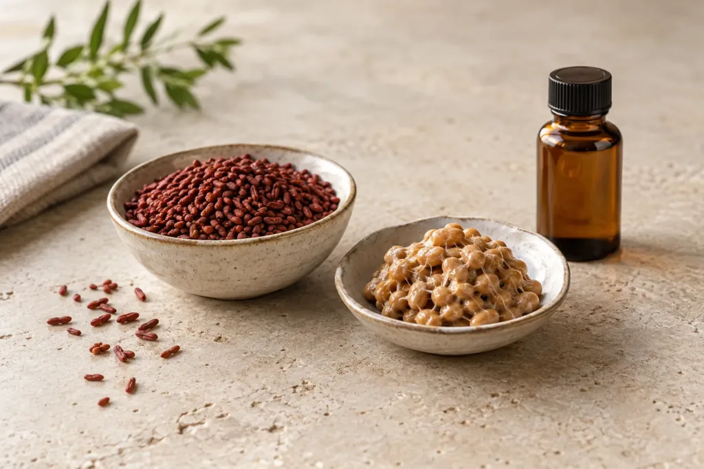Red yeast rice and natto arranged with a closed amber glass vial in an editorial still life