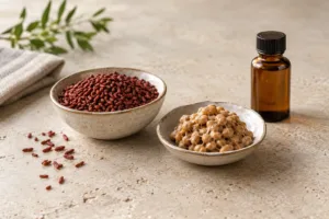 Red yeast rice and natto arranged with a closed amber glass vial in an editorial still life