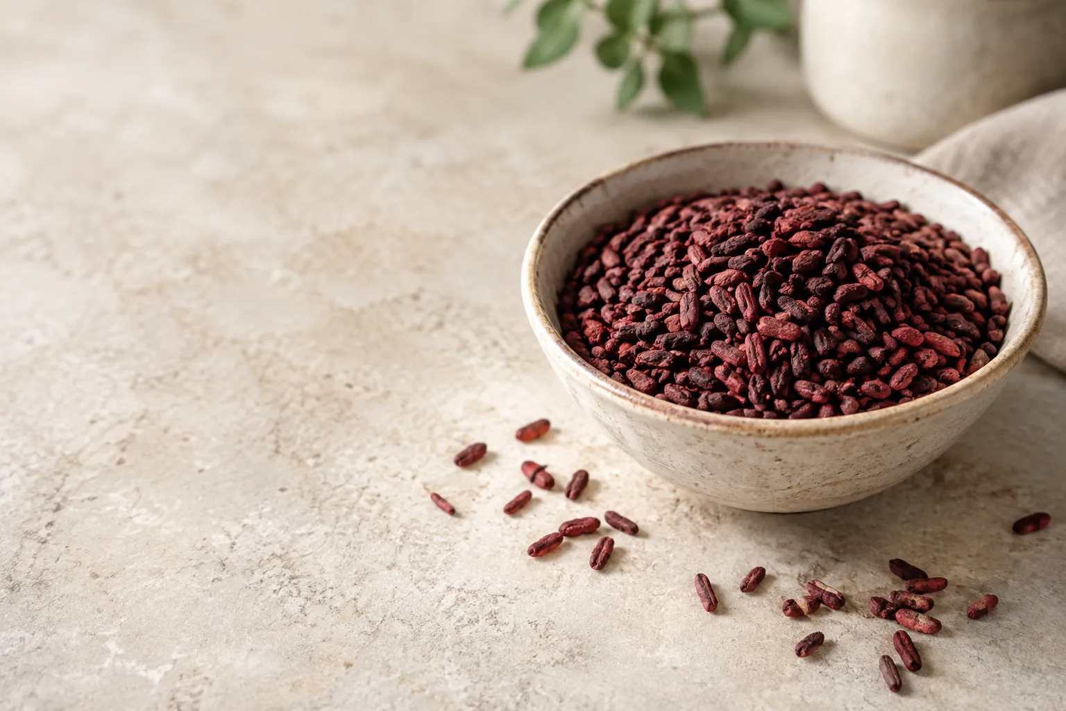 Deep red fermented red yeast rice grains in a ceramic bowl