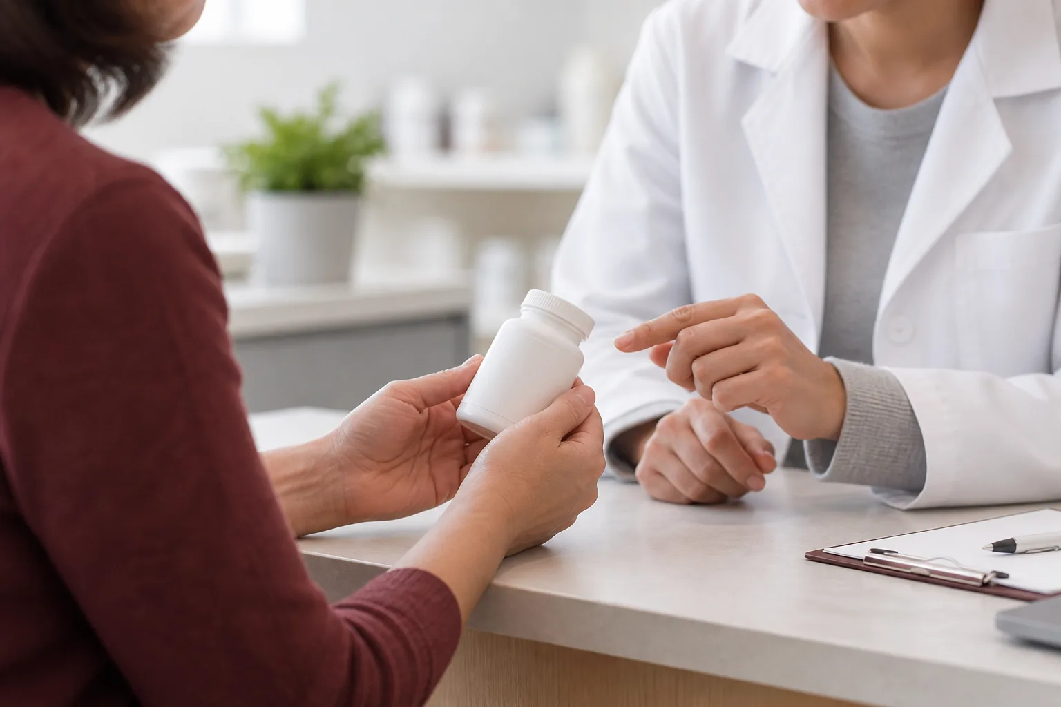 A consumer discussing a generic supplement bottle with a healthcare professional